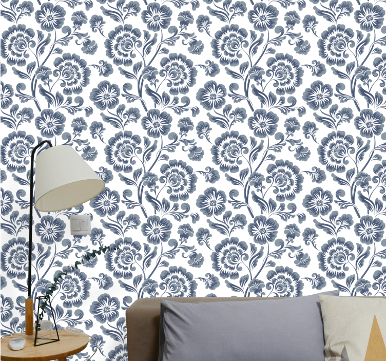 Navy elegant print floral ornament wallpaper - TenStickers