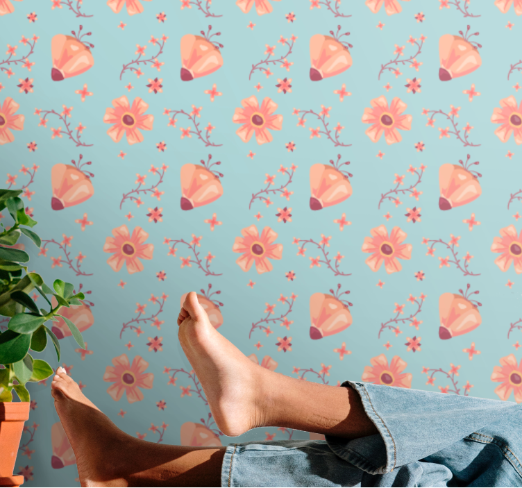 Orange flowers over blue background wallpaper - TenStickers