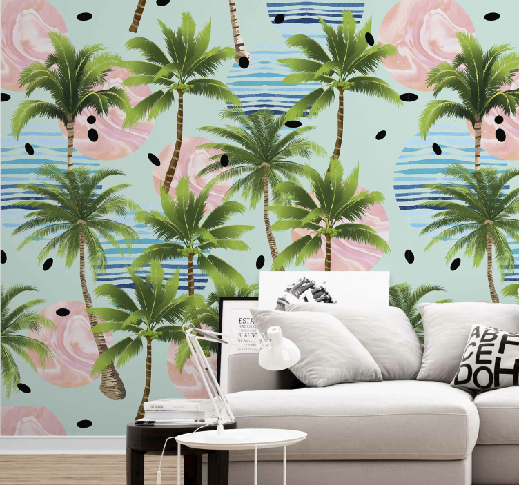 Palm trees on marble sun jungle wallpaper - TenStickers