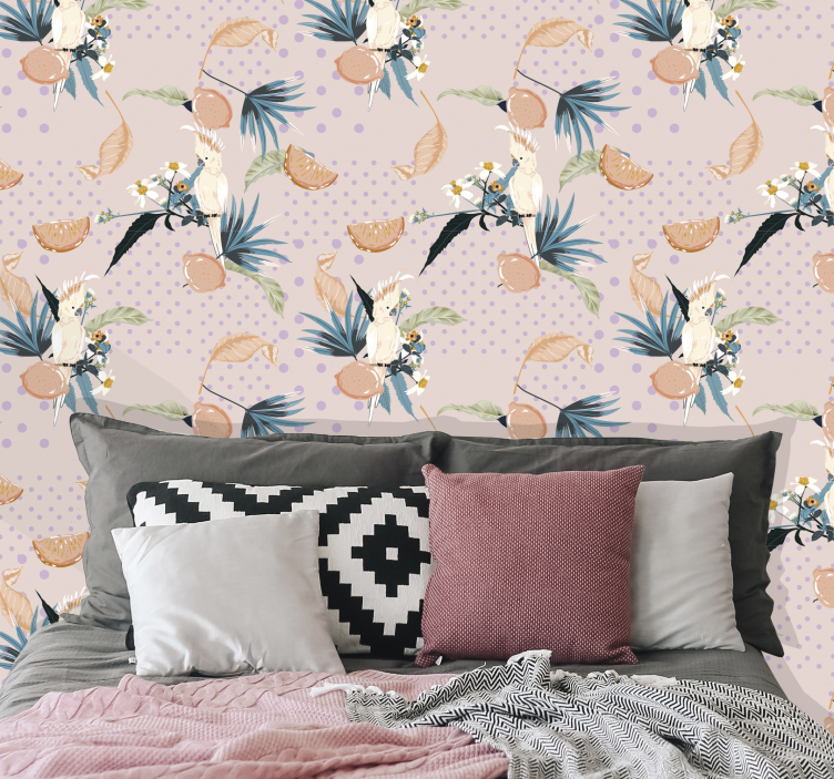 Pink background with dots and birds wallpaper - TenStickers