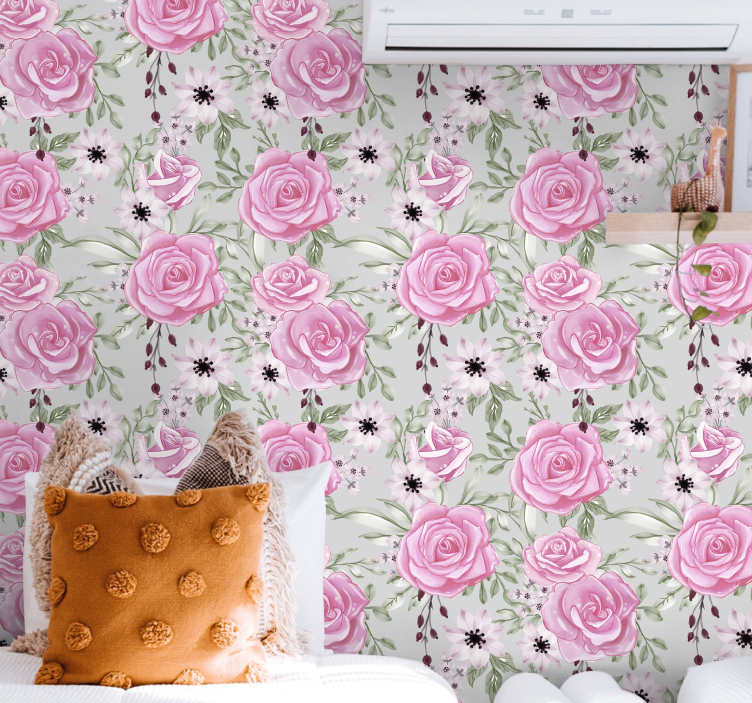 Pink big flowers on grey flower wallpaper - TenStickers