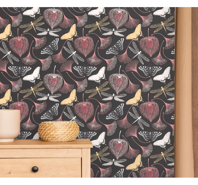 Pink leaves black butterfly pattern wallpaper - TenStickers