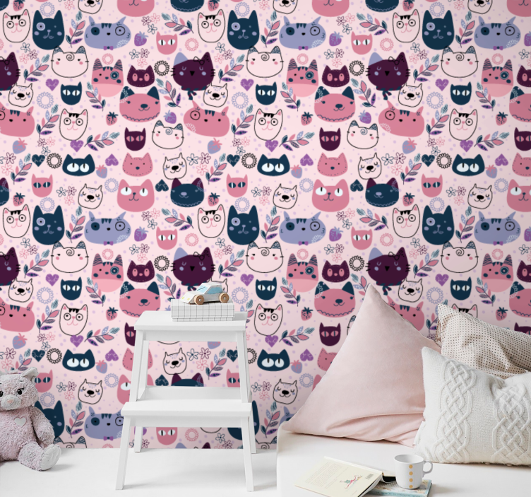 Playful Cat Faces cat wallpaper - TenStickers
