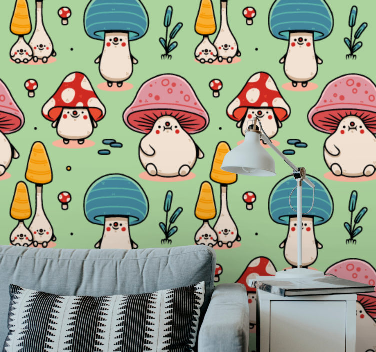 Red mushrooms over a green Nature wallpaper - TenStickers