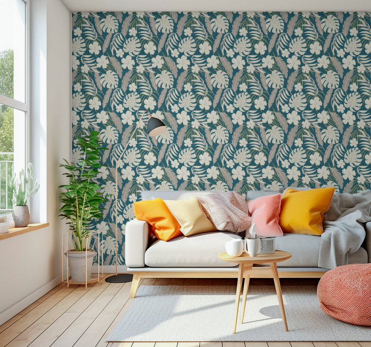 Tropical leaves drawing Living room wallpaper - TenStickers