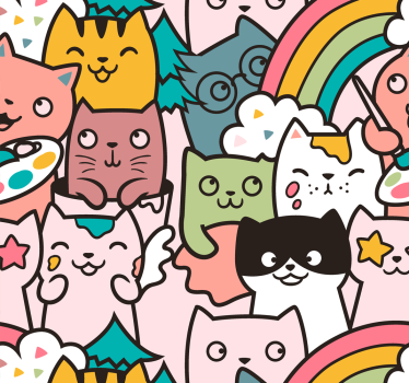 Bedroom wallpaper cat doodle pastel color pattern - TenStickers