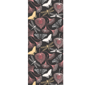 Pink leaves black butterfly pattern Kids Wallpaper - TenStickers