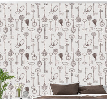Master bedroom wallpaper with antique key designs - TenStickers