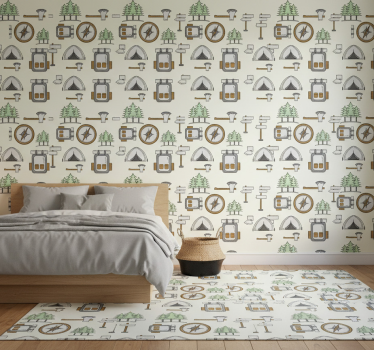 Bedroom wallpaper camping bag bowl hatchet compass - TenStickers