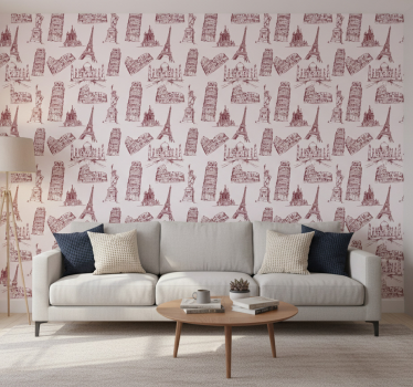 Bedroom wallpaper featuring iconic monuments pattern - TenStickers