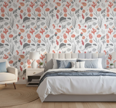 Bedroom wallpaper featuring marine life illustration - TenStickers