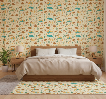 Bedroom wallpaper hand drawn camping and mountains - TenStickers