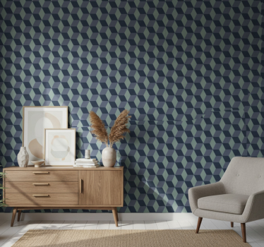 Bedroom wallpaper in retro blue cube pattern - TenStickers