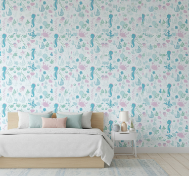 Bedroom wallpaper with pastel sea animals and plants - TenStickers