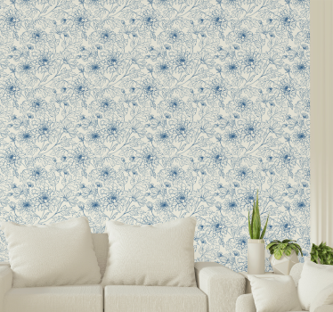 Blue leaf outlines Bedroom Wallpaper - TenStickers