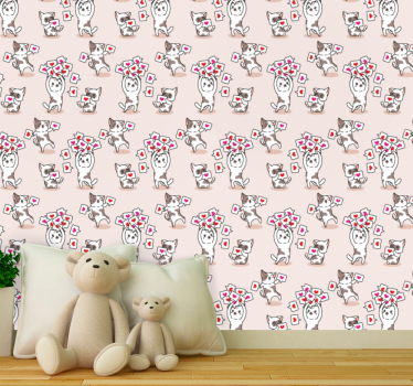 Cats with heart icons pattern Kids Wallpaper - TenStickers