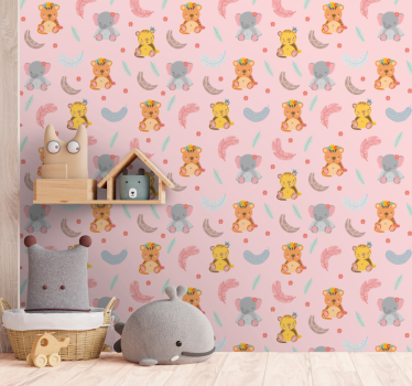 Cute cartoon animals with pink background Kids Wallpaper - TenStickers