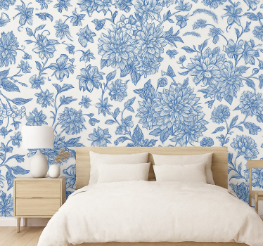 Master bedroom wallpaper blue dahlia floral design - TenStickers