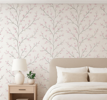 Master bedroom wallpaper grey tree with pink flowers - TenStickers
