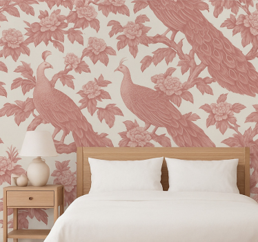 Master bedroom wallpaper textile pink peacocks design - TenStickers