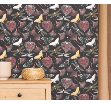 Pink leaves black butterfly pattern Kids Wallpaper - TenStickers