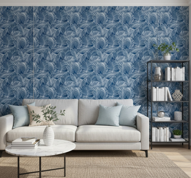 Leaf wallpaper in blue leaves with white outline - TenStickers