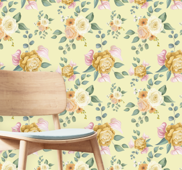 Yellow roses vintage style leaves wallpaper - TenStickers